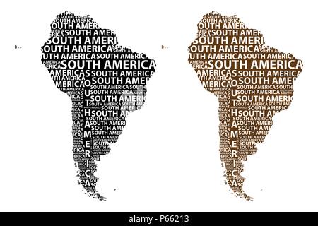 Amérique du Sud Croquis texte lettre continent, l'Amérique du Sud - mot dans la forme du continent africain, la carte du continent Amérique du Sud - noir et marron vecto Illustration de Vecteur