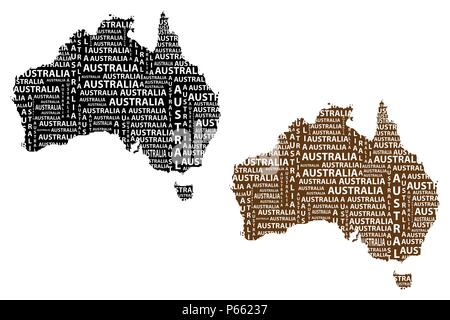 Croquis de l'Australie, l'Australie continent texte lettre word - dans la forme du continent, la carte de l'Australie continent - marron et noir vector illustrati Illustration de Vecteur