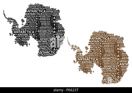 Croquis de l'Antarctique, l'Antarctique continent texte lettre word - dans la forme du continent, la carte de continent antarctique - marron et noir vector illustra Illustration de Vecteur