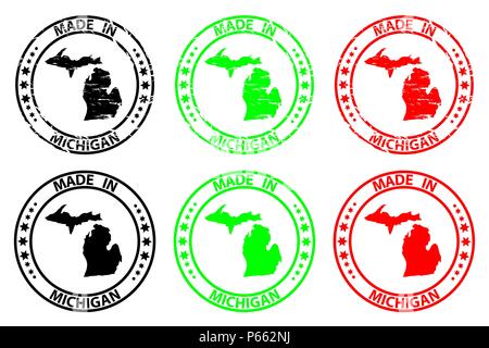 Faites dans le Michigan - timbres en caoutchouc - vector, au Michigan (États-Unis d'Amérique) Carte - noir, vert et rouge Illustration de Vecteur