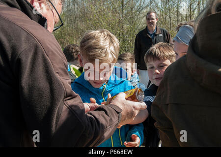 Les étudiants ont exploré le stand Taste de la zone de formation Oberdachstetten Range, en Allemagne, lors de l'événement éducatif du jour de la Terre le 20 avril 2016, où ils ont goûté des fruits et légumes biologiques. Organisé par la garnison de l'armée américaine Ansbach et TSC Ansbach, l'événement a mis l'accent sur la nutrition, l'agriculture durable, la conservation de l'environnement et une alimentation saine. Les enfants participent à un apprentissage interactif pour comprendre la gérance écologique, les pratiques vertes, l'efficacité énergétique et la responsabilité environnementale grâce à des activités éducatives pratiques. Banque D'Images