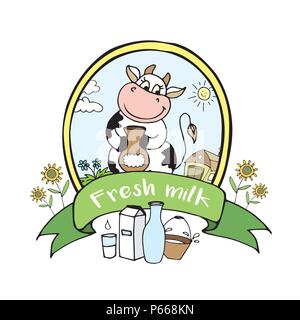 Heureux, positif avec du lait de vache, funny cartoon Bannière ou logo , vector illustration Illustration de Vecteur