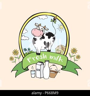 Heureux, positif avec du lait de vache, funny cartoon Bannière ou logo , vector illustration Illustration de Vecteur