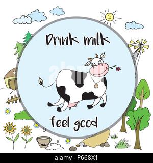 Heureux, positif avec du lait de vache, funny cartoon la ferme , vector illustration Illustration de Vecteur