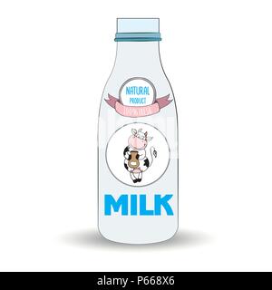 Une bouteille de lait de vache et label,isolées, vector illustration. Illustration de Vecteur