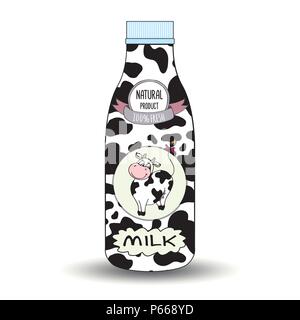 Une bouteille de lait de vache et label,isolées, vector illustration. Illustration de Vecteur