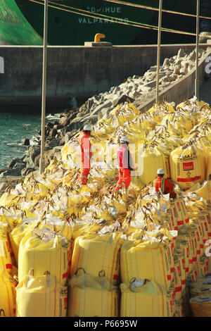 Trois travailleurs qui attendent pour des chariots au Port de Mejillones Banque D'Images