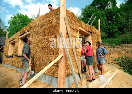 Les bénévoles et d'experts Barbara Jones d'Amazon Nails fait ériger un bâtiment Strawbale, Centre for Alternative Technology, Machynlleth, Mid Wales Banque D'Images