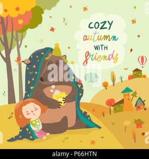 Petite fille et l'ours assis sous le plaid sur pelouse d'automne Illustration de Vecteur