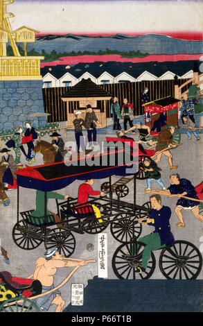 Tokyo Nihonbashi ae han no zu : section de Tokyo Nihonbashi florissante. par Yoshitora Utagawa, active de 1850 à 1870, artiste japonais. Publié 1861. Triptyque japonais imprimer montre divers modes de transport sur la rue à Tokyo, Japon. Page de titre de couverture comprend avec titre et nom de l'artiste inscrit à l'encre 1860 brosse Banque D'Images