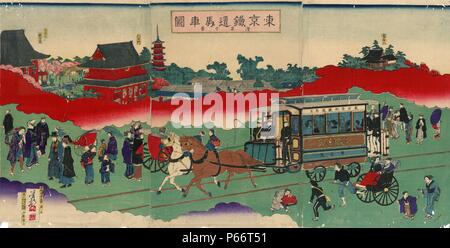 Tokyo tetsudo basha zu kei sensoji (calèche sur les voies ferrées). Date de publication : 1882. Imprimer montre un cheval de style occidental avec des voitures de chemin de fer passagers. Banque D'Images