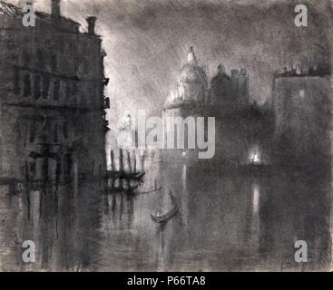 Le salut du Grand Canal 1905, par Joseph Pennell, 1857-1926, l'artiste. Vue sur l'eau, réfléchissant gondolier en premier plan, un grand bâtiment sombre avec pier derrière à gauche, saluer directement derrière partiellement éclairée par les rayons du soleil. Banque D'Images