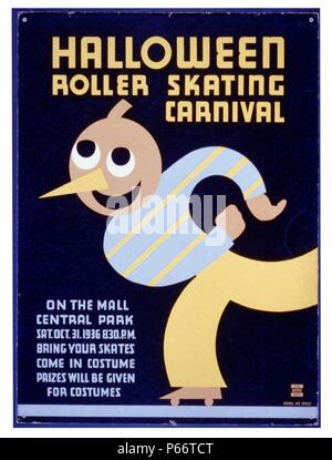 Halloween carnaval de patinage à roulettes sur le mall, Central Park à New York. Apportez vos patins : Venir en costume : Des prix seront remis pour les costumes. L'Art de l'affiche du projet fédéral 1936. Affiche annonçant le roller carnaval à Central Park, New York City, montrant Banque D'Images