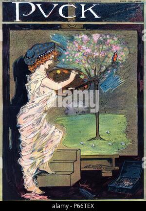 Mlle printemps, artiste par Frank A. Nankivell, 1869-1959, l'artiste 1911. L'illustration montre le ressort comme une femme artiste enveloppés dans un matériau diaphanes, peindre un arbre avec des fleurs et un oiseau sur une grande toile. Banque D'Images