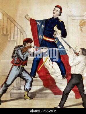 Décès du Colonel Ellsworth après le transport vers le bas le drapeau rebelle, à la prise d'Alexandrie, en Virginie, le 24 mai 1861, par Currier & Ives., le Colonel Ellsworth tourné comme il descend un escalier portant un drapeau par un sympathisant rebelle qui est confronté à un Zouave transportant un fusil avec baïonnette fixe. c1861. Banque D'Images