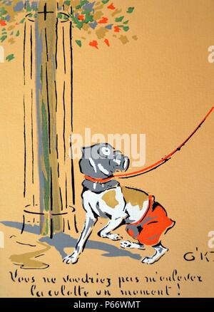 Seconde Guerre mondiale : la guerre française carte postale représentant un chien avec un masque à gaz Banque D'Images