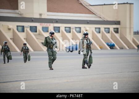 Des pilotes de la Marine américaine à partir de VAQ-137, Naval Air Station Whidbey Island, Washington, transition vers leur EA-18G Growler avions pour une sortie le 9 mai 2016 lors d'un drapeau rouge et l'Alaska (RF-A) 16-1 à Eielson Air Force Base, en Alaska. La mission première de l'unité de vol est la suppression des défenses anti-aériennes à l'appui des troupes au sol et des avions d'attaque par l'interruption de l'activité électronique de l'ennemi et l'obtention du renseignement électronique tactique. (U.S. Photo de l'Armée de l'air par le sergent. Shawn/nickel libéré) Banque D'Images