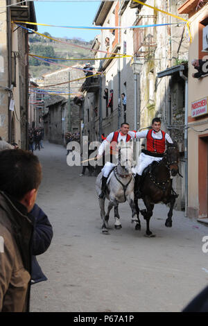 Couple de chevaux téméraire ride 'Sun Carrela e nanti', pendant le carnaval à Santu Lussurgiu, Cagliari, Sardaigne, Italie, Europe Banque D'Images