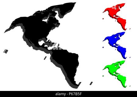 3D de la carte de l'Amérique du Nord et du continent - noir, rouge, bleu et vert - vector illustration Illustration de Vecteur