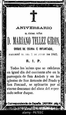 1884-Mariano-Téllez-Girón-y-Beaufort-Spontin-II-aniversario. Banque D'Images