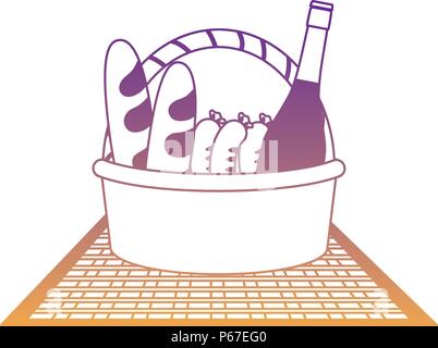 Panier pique-nique avec du pain, des saucisses et bouteille de vin sur fond blanc, vector illustration Illustration de Vecteur