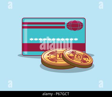 Les bitcoins, une carte de crédit sur fond bleu, design coloré. vector illustration Illustration de Vecteur