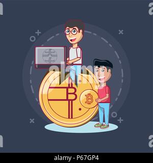 L'homme dessin animé avec un ordinateur portable assis sur une pièce de monnaie bitcoin et autre homme debout et tenant une pièce de monnaie bitcoin sur fond noir, design coloré. vector illustration Illustration de Vecteur