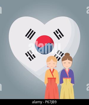 Drapeau de la Corée du Sud en forme de coeur et les filles asiatiques sur fond gris, design coloré. vector illustration Illustration de Vecteur