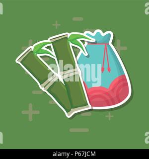 Sac de la chance et des tiges de bambou sur fond vert, design coloré. vector illustration Illustration de Vecteur