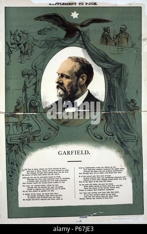 James A. Garfield (1831-1881) avec des scènes de sa vie et de la mort et des sélections du verset. Garfield a été le 20e président des États-Unis après avoir terminé neuf fois consécutives à la Chambre des représentants des États-Unis. Banque D'Images