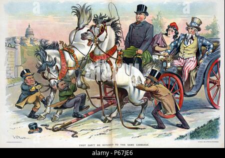 Ils ne peuvent pas être attelés à la même transport' Le Président William McKinley (1843-1901) à la tête d'un chariot marqués 'Administration' transportant l'Oncle Sam et Colombie-Britannique) ; trois hommes marqués 'Hanna, Lodge, [et] Dingley' ont du mal à exploiter deux chevaux indisciplinés marqués 'Agrandissement' et 'Protection' pour le transport. Banque D'Images