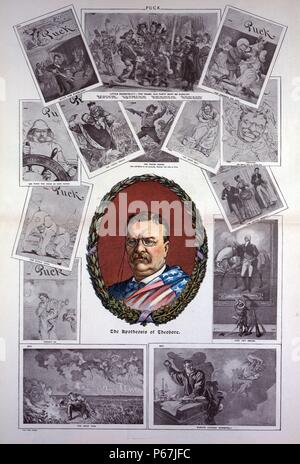 L'apothéose de Theodore' Theodore Roosevelt dans un ovale couronne de chêne et de laurier ou holly, entouré par les dessins animés de numéros précédents de PUCK illustrant sa montée en politique et ses années comme président. Banque D'Images