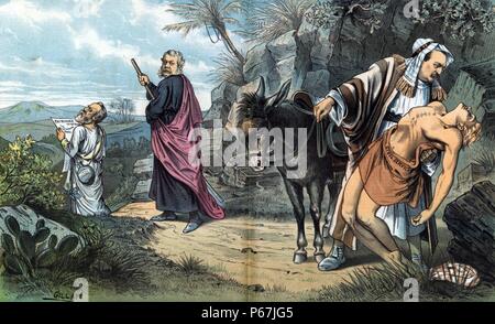 Le Bon Samaritain' Rutherford B. Hayes, Chester A. Arthur, et Grover Cleveland en tant que pèlerins dans un voyage à travers un paysage du Moyen-Orient ; Hayes est maintenant un document qui indique "Patronage pour récompenser - Le Conseil de Retour' et la réalisation d'une cantine de 'l'eau froide', derrière lui, c'est Arthur qui est à la recherche de retour à Cleveland, avec un âne, qui a cessé d'aider un homme portant la mention "Civil Service" qui s'est évanoui du manque d'eau. Banque D'Images