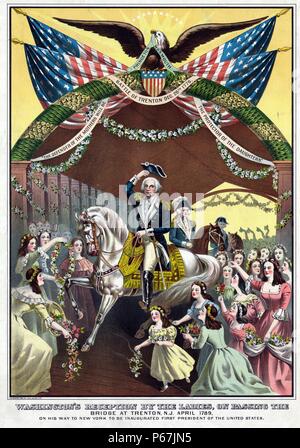 La réception de Washington par les dames, en passant le pont à Trenton, au New Jersey. Avril 1789, en route vers New York pour être inauguré le premier président de l'United States Banque D'Images