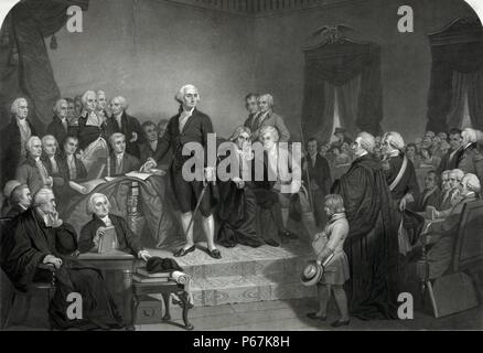 Washington prononce son discours dans l'ancien hôtel de ville, New York' George Washington prononce son discours devant les membres du Congrès. Comprend le texte du discours. Banque D'Images