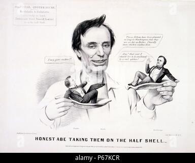 Abe honnête de les prendre sur la demi-coquille' un pro-Lincoln satire. Le candidat républicain s'interroge sur la figures miniatures de candidats démocratiques du nord et du sud Stephen A. Douglas (à gauche) et John C. Breckinridge (droite) qu'il détient avant lui sur deux d'huîtres. Banque D'Images