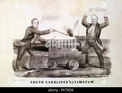 La Caroline du Sud 'ultimatum'' à la fin de décembre 1860, trois commissaires de l'état nouvellement fait sécession de la Caroline du Sud s'est réuni avec lame-duck President Buchanan à négocier pour possession de Fort Sumter, une installation fédérale dans la région de Charleston Harbor. Buchanan's tente de rester la situation et de la Caroline du Sud gouverneur Francis Pickens insiste tant sur l'Union européenne l'évacuation du fort sont ridiculisés ici. Pickens (à gauche) détient un fusible allumé à un gigantesque canon de l'Union européenne 'Peacemaker', qui est fait à son propre abdomen. Banque D'Images