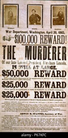 Récompense de 100 000 $ ! Le meurtrier de notre regretté Président bien-aimé, Abraham Lincoln, est toujours en liberté' récompense pour la publicité de flanc capture des conspirateurs assassinat de Lincoln, illustré de photographies de John Surratt H., John Wilkes Booth, et David E. Herold. Banque D'Images