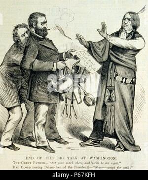 Fin de la grande conférence à Washington' caricature montre le président Ulysses S. Grant, avec ses bras derrière son dos et avec Secrétaire à l'intérieur Columbus Delano se cacher derrière lui, se tenant debout avant que Red Cloud, chef de la Sioux Oglala. Delano, étendant ses bras, faisant semblant d'être Grant, offre une poignée d'ustensiles de cuisine et présente un reçu, 'Recd. pour Black Hills $25,000 dans 'biens'' à Red Cloud, lui demandant de faire sa marque. Red Cloud, voyant Delano derrière le président, les réponses, 'jamais--l'exception de la trésorerie !' Banque D'Images