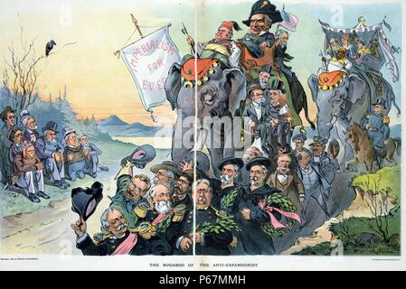 L'épouvantail de l'expansionnisme' Le Président William McKinley à cheval sur un éléphant conduit par Marcus A. Hanna et transportant Russell A. Alger, Nelson Dingley, William R. Day, et William T. Sampson. Un deuxième suit l'éléphant, et un groupe d'hommes qui comprend "Nelson A. Miles, Theodore Roosevelt, Joseph Wheeler, Fitzhugh Lee, Henry C. Lodge, William R. Shafter, Winfield S. Schley, John T. Morgan, Cushman K. Davis, George Dewey, et d'autres, aux côtés de mars dans le cadre de la norme 'impérialisme à jamais". Un groupe d'hommes mécontents s'asseoir sur le bord de la route, regarder la procession. Banque D'Images