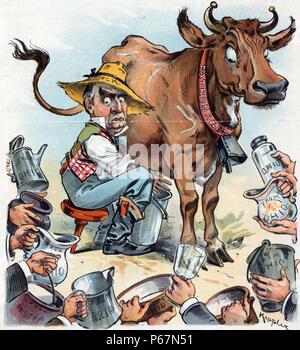 Un casse-tête' le président McKinley comme un producteur de lait traire une vache marqués 'Patronage', et beaucoup de mains tenant des conteneurs, la plupart marqués 'depuis l'Ohio', d'une part de lait. Mark Hanna était un sénateur de l'Ohio qui avait une influence considérable avec le président. Banque D'Images