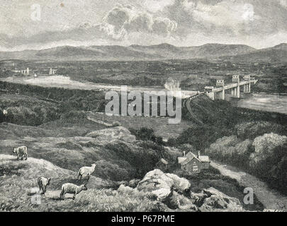 Pont suspendu de Menai, et Britannia Pont tubulaire. Une illustration du xixe siècle de ponts sur le détroit de Menai, entre l'île d''Anglesey et au Pays de Galles Banque D'Images