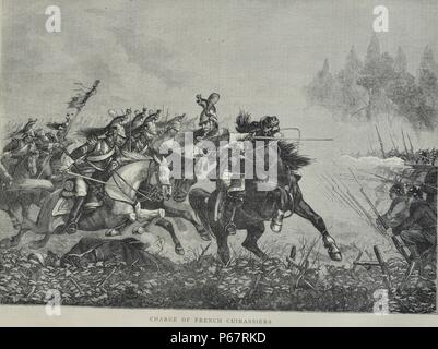 La gravure illustre charge de cuirassiers français - un des soldats de cavalerie équipée d'armures et d'armes à feu, les premières apparaissant à la fin du 15ème siècle l'Europe. Datée 1870 Banque D'Images