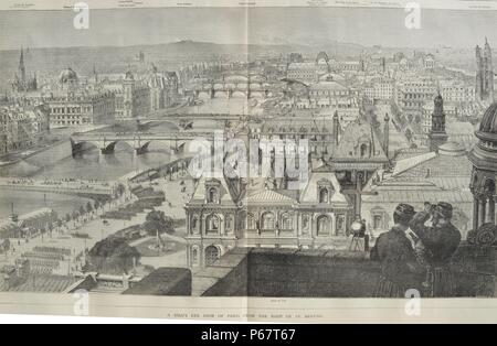 Gravure d'une vue panoramique de Paris depuis le toit de Saint Gervais. Datée 1870 Banque D'Images