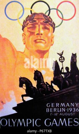 Affiche pour les Jeux Olympiques de 1936 s'est tenue à Berlin, en Allemagne. Berlin a remporté la candidature pour accueillir les Jeux sur Barcelone, Espagne et il a marqué le deuxième et dernière fois que le Comité International Olympique se réunissaient pour voter dans une ville qui a été candidates à accueillir ces Jeux. Banque D'Images