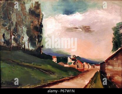 (La route avec les peupliers) La route avec Peupliers c. 1922 par Maurice de Vlaminck, peintre français (1876-1958). Huile sur toile. Cette scie l'utilisation d'un couteau et des tons plus foncés de bleus, noirs, vert et blanc. Banque D'Images
