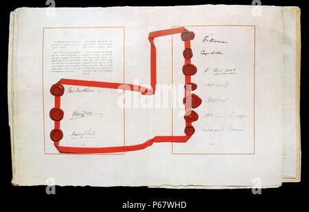 Traité de Versailles avec la signature de Lloyd George, Woodrow WilsonAndrew La Bonar Law et James Balfour Banque D'Images