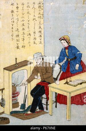Gravure sur bois japonaise coloriés à la main. Image montre James Watt, l'inventeur de la machine à vapeur, la collecte de la vapeur de la cuisson électrique. Sa tante se trouve à côté de lui et se moque de lui pour son non-sens. Créé entre 1850 et 1875. Banque D'Images