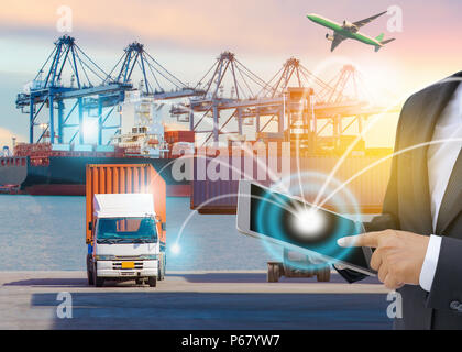 Concept logistique d'entreprise, Global Business technologie de connexion connexion interface partenaire mondial de conteneurs navire de fret Logistique pour imp Banque D'Images