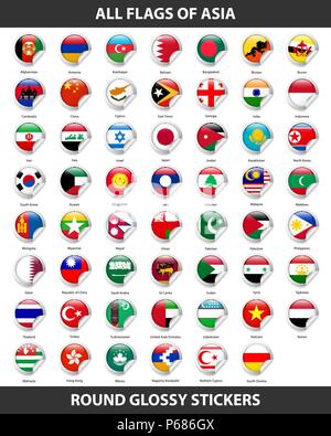 Drapeaux de tous les pays de l'Asie. Autocollants brillant rond Illustration de Vecteur